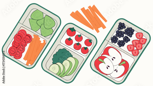 Illustration of three lunch boxes with various fruits and vegetables