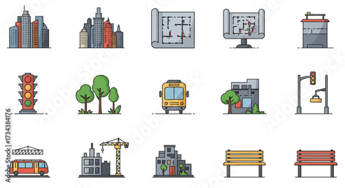 Collection of 15 urban planning and city life flatstyle icons