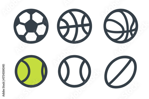 Minimalist outline icons of various popular sports balls for athletic games, competitive events, and team or individual recreational activities