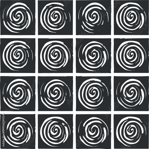 A collection of abstract black and white swirl patterns arranged in a grid format..