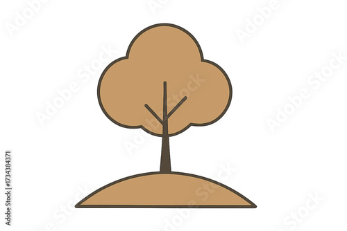 Minimalist brown tree with a rounded canopy and dark trunk standing on a gentle sloping hill against a clean white background