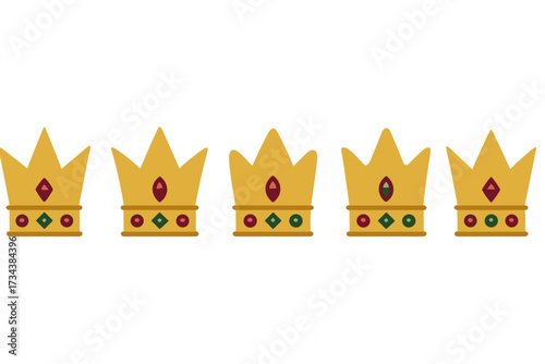 A majestic row of five golden crowns, each adorned with an array of precious gemstones and intricate decorative elements, symbolizing royalty and power