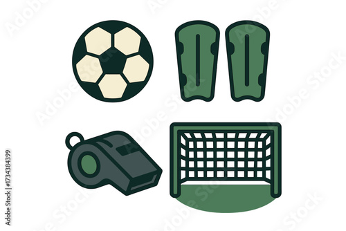Essential soccer game equipment set including a classic football, protective shin guards, a referee whistle, and a sturdy goal net for competitive sports activity