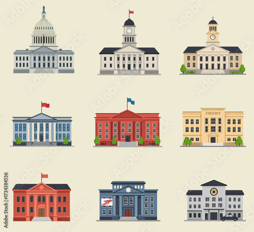 Nine distinct governmental or publicstyle building illustrations in a grid layout
