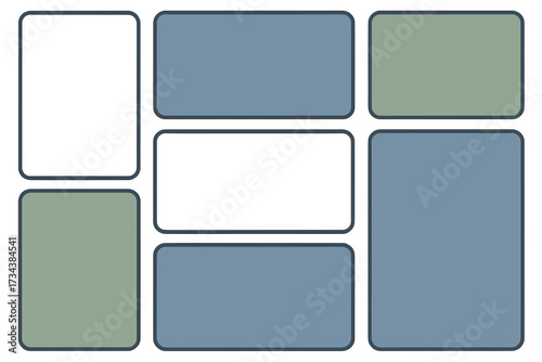 Contemporary grid layout with various sized rounded rectangular frames and placeholders for images or text content in a clean design