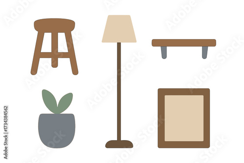 Essential home decor elements featuring a wooden stool, floor lamp, wall shelf, potted plant, and picture frame
