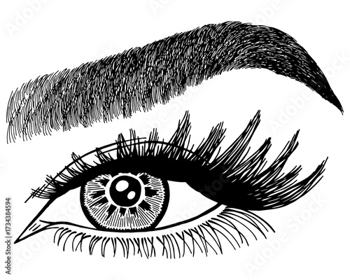 Illustration with woman's eye, eyelashes and eyebrow. Makeup Look. Tattoo design. Logo for brow bar or lash salon.