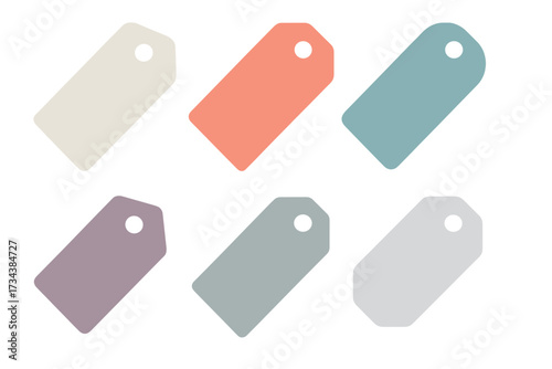Collection of six blank tags in muted pastel colors for product pricing, sales, and marketing campaigns