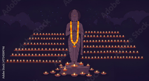 Wallpaper Mural Lord Mahavir Statue Illuminated by Devotional Diyas at Night. Torontodigital.ca