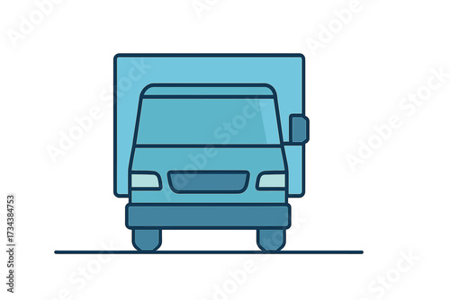Front view of a blue delivery truck for cargo transportation and logistics services on a clean white background