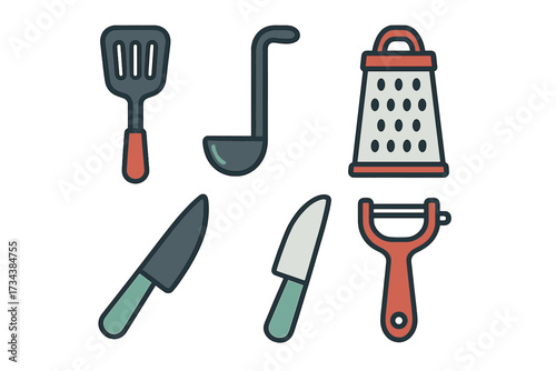 Assortment of essential kitchen utensils and cooking tools including spatula, ladle, grater, knives, and peeler for culinary tasks