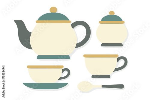 Modern minimalist tea set featuring a teapot, sugar bowl, two teacups, a saucer, and a spoon for hot beverages