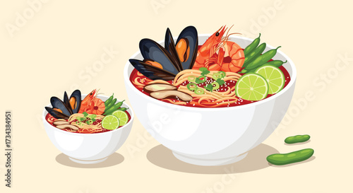 A delicious and vibrant bowl of spicy noodle soup brimming with fresh seafood and vegetables.