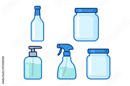 Collection of various empty and partially filled transparent glass and plastic containers, including bottles, jars, and sprayers, all featuring blue caps and lids