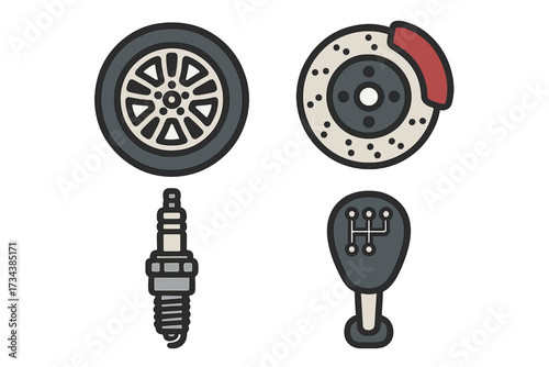 Essential automotive spare parts featuring car wheel, disc brake, spark plug, and manual gear shifter