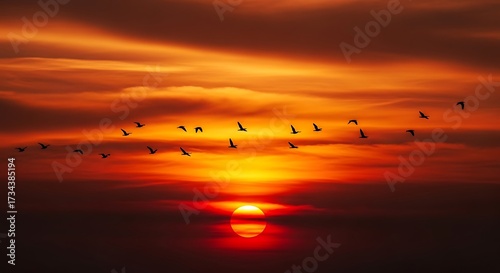 Wallpaper Mural Majestic Sunset with Silhouetted Birds Flying in V-Formation Against a Fiery Orange and Red Sky Torontodigital.ca