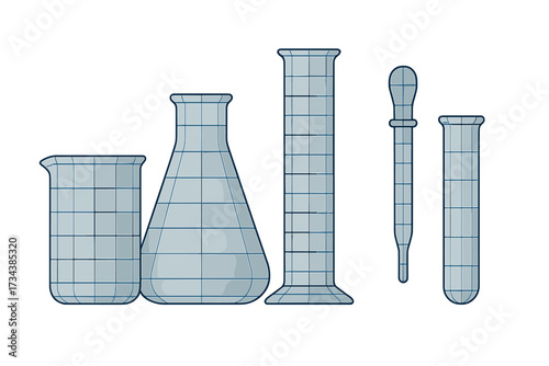Collection of essential laboratory glassware including beakers, flasks, graduated cylinders, and test tubes