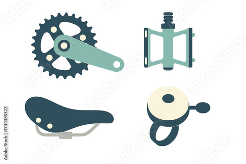 Collection of essential bicycle components featuring crankset pedal saddle and bell for cycling enthusiasts