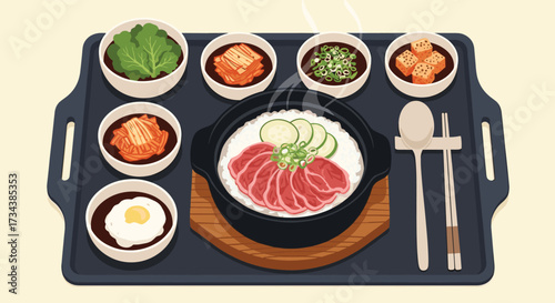 A delightful pixel art representation of a traditional Korean meal served on a black tray with chopsticks and a spoon.