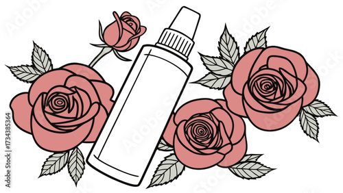 A captivating line art illustration showcases a cosmetic bottle nestled among delicate roses, , exuding elegance and natural beauty