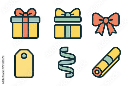 Colorful gift boxes, decorative bows, blank tag, and wrapping ribbon for holiday celebrations and special occasions