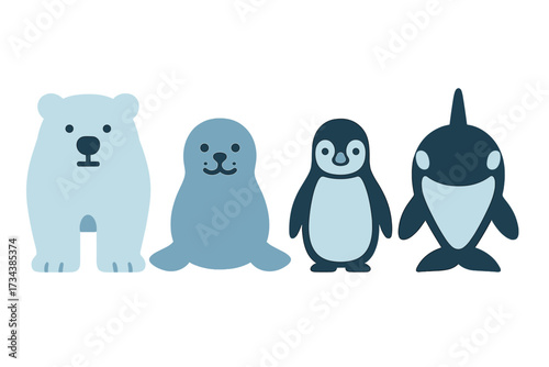 Charming collection of arctic and Antarctic animals including a polar bear, seal, penguin, and orca in a flat graphic style