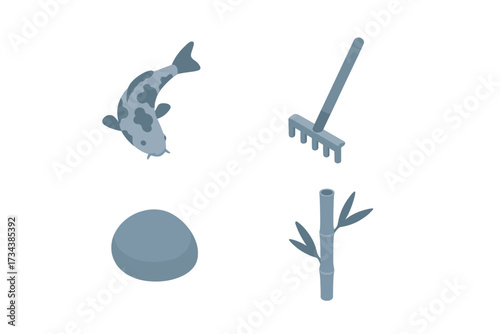 Traditional Japanese zen garden elements including koi fish, raking tool, smooth stone, and bamboo plant
