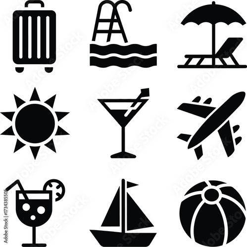 Summer vacation travel icons set vector illustration holiday trip beach pool airplane and suitcase design