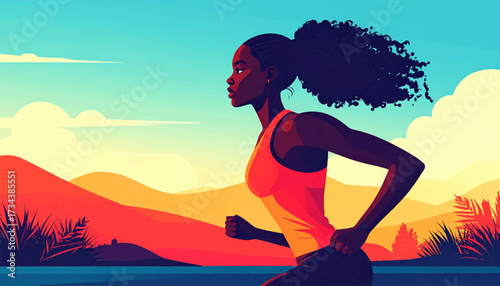 Woman running outdoors in a vibrant, stylized landscape.