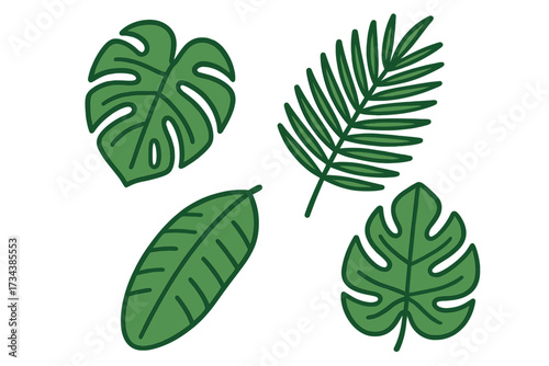 Collection of stylized green tropical leaves featuring monstera, palm frond, and other exotic botanical elements
