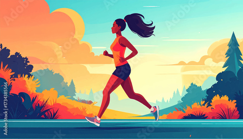 Illustration of a woman running outdoors with a colorful background.