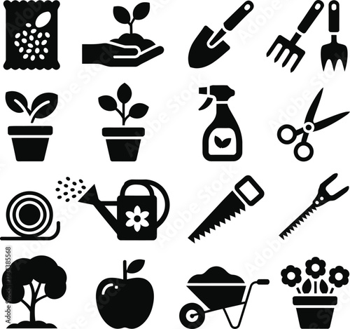 Gardening tools and plants vector icons set for agriculture and horticulture projects and designs