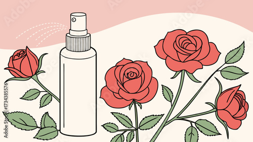 A captivating line art illustration showcases a cosmetic spray bottle nestled among delicate roses, , exuding elegance and natural beauty