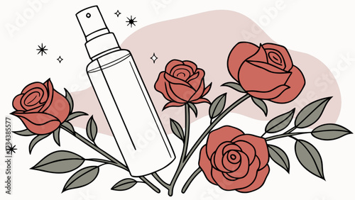 A captivating line art illustration showcases a cosmetic spray bottle nestled among delicate roses, , exuding elegance and natural beauty