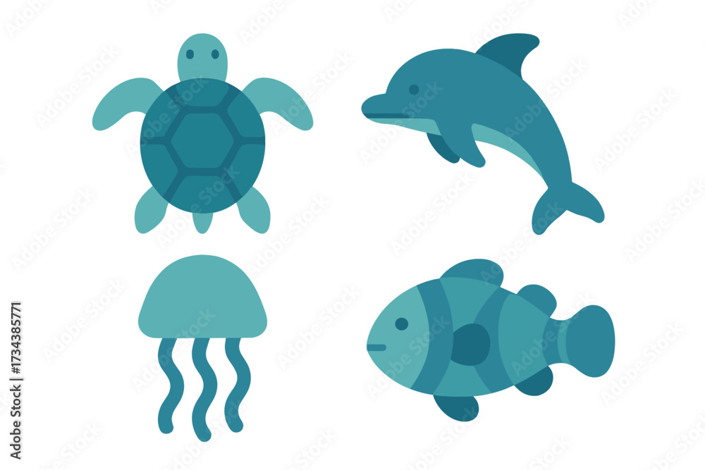 Fototapeta premium Stylized marine animals set featuring a sea turtle, dolphin, jellyfish, and fish in a modern flat graphic style