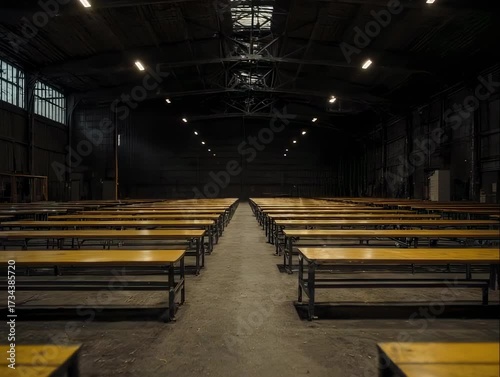 Interior of a large, dark hall with rows of wooden tables, lit by overhead lights