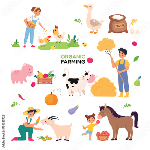 Organic Farming with Man and Woman Do Agricultural Work Vector Set
