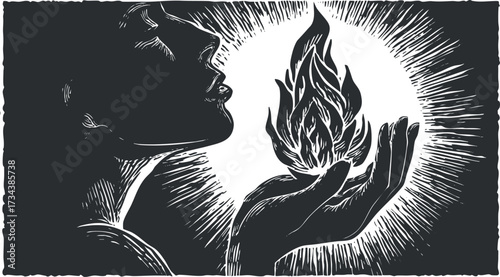 A silhouette of a person holding a flame in their hands representing energy and passion..