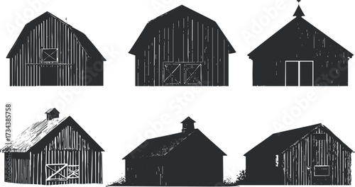 Set of six barn illustrations showcasing different styles and angles in black and white..