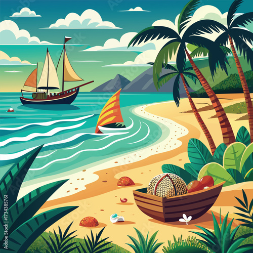 Stunning colorful sunset at tropical coastline with palm silhouettes and vibrant sky painting