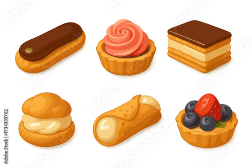 Assortment of delicious baked pastries and sweet desserts featuring various toppings and creamy fillings, perfect for a bakery menu