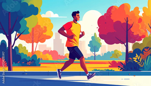 Man jogging in a park with colorful trees and city skyline in the background.