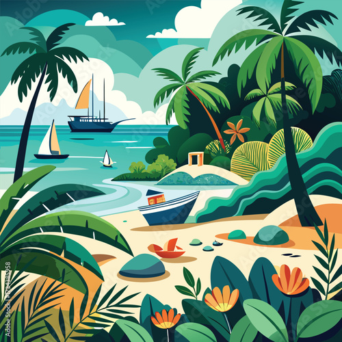 Summer holiday tropical seascape with exotic island, palm trees and clear blue ocean water digital art