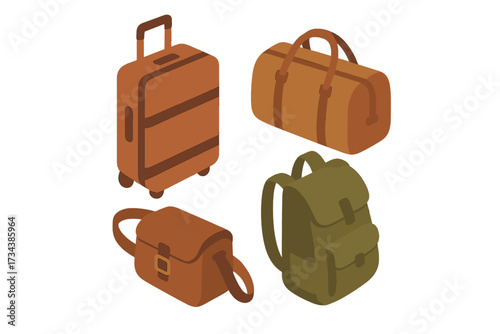 Isometric collection of diverse travel luggage designs: rolling suitcase, duffel bag, messenger bag, backpack for journeys and adventures