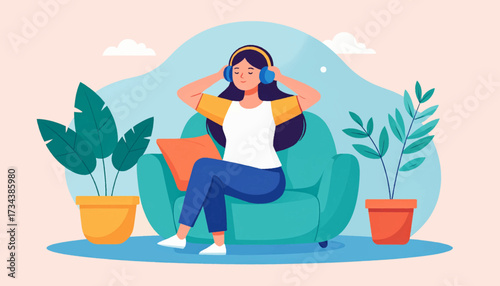 Woman listening to music on headphones while sitting on a couch.