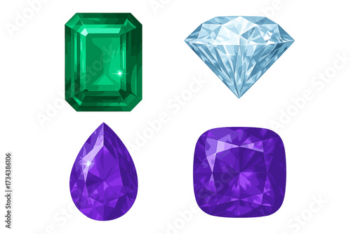 Beautiful collection of sparkling faceted gemstones featuring emerald, diamond, pear, and cushion cuts with vibrant colors