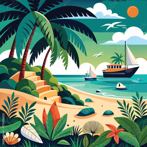 Magical tropical sunset landscape with glowing sky, silhouetted palm trees and calm ocean illustration