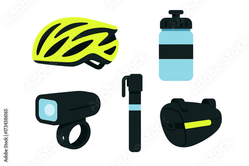 Comprehensive collection of essential cycling gear and accessories including helmet, water bottle, bike light, pump, and saddle bag