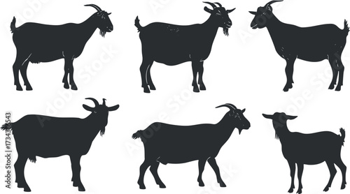 A collection of black silhouettes depicting various goat poses and characteristics in a farm setting..