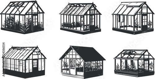 Collection of various greenhouse designs ideal for gardening and plant care..